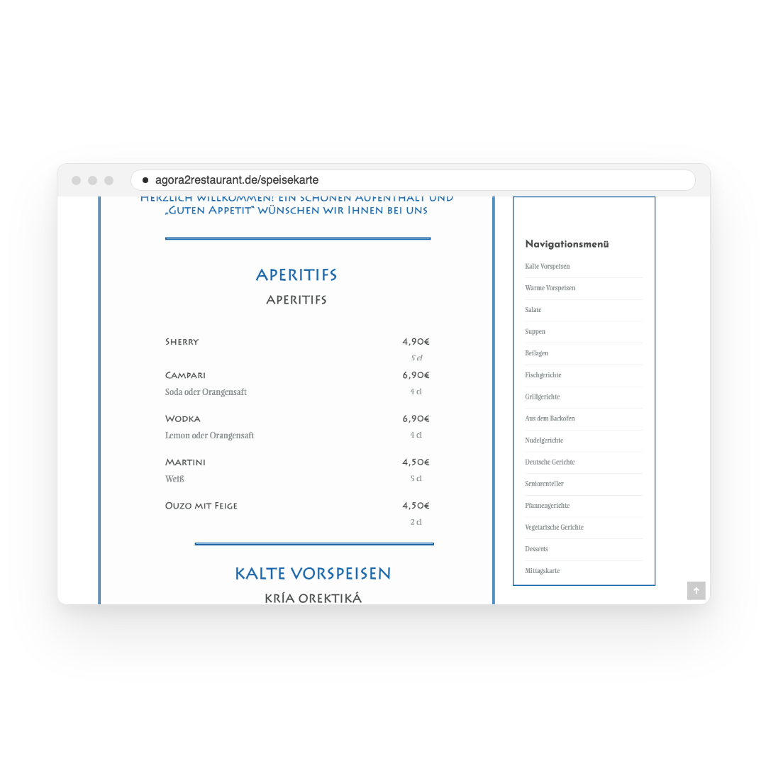 Agora II – Speisekarte