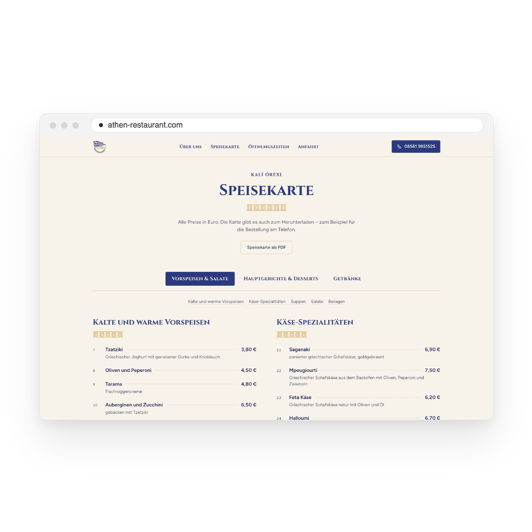 Restaurant Athen – Speisekarte